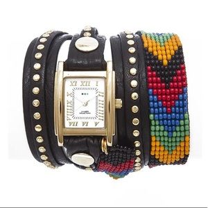 NWT La Mer Collections Blk/Gold beaded wrap watch